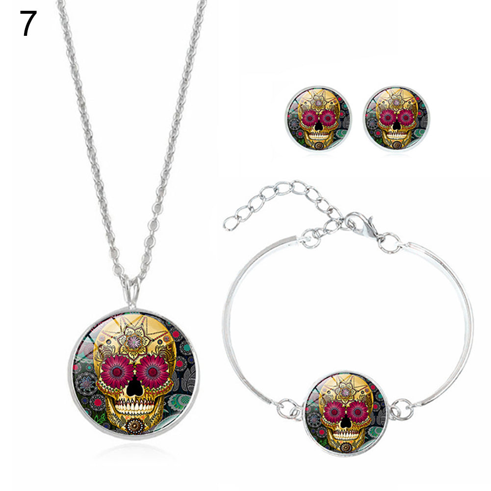 Fashion Women Skull Rose Earrings Necklace Bracelet Halloween Accessories Set