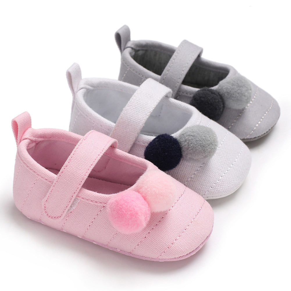 Cute Pompom Solid Color Toddler Baby Girl Prewalker Anti-slip Princess Shoes