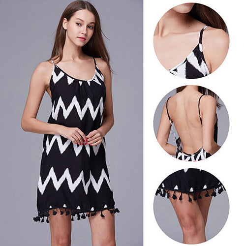 Women's Sexy Tassels Aztec Stripe Backless Strap Dress Beachwear Bikini Cover Up