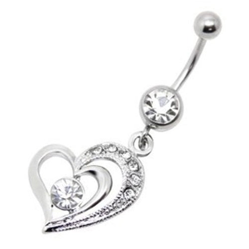 14G Surgical Steel Love Heart Hollow Dangle Cubic Zirconia Belly Button Ring