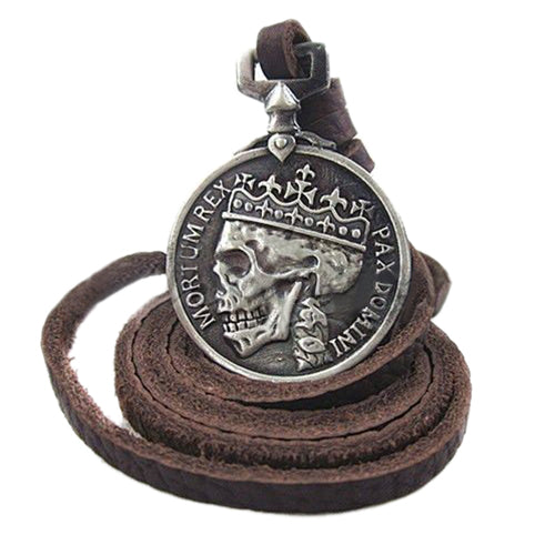 Men's Women's Round Skull Charm Vintage Genuine Leather Necklace Sweater Chain