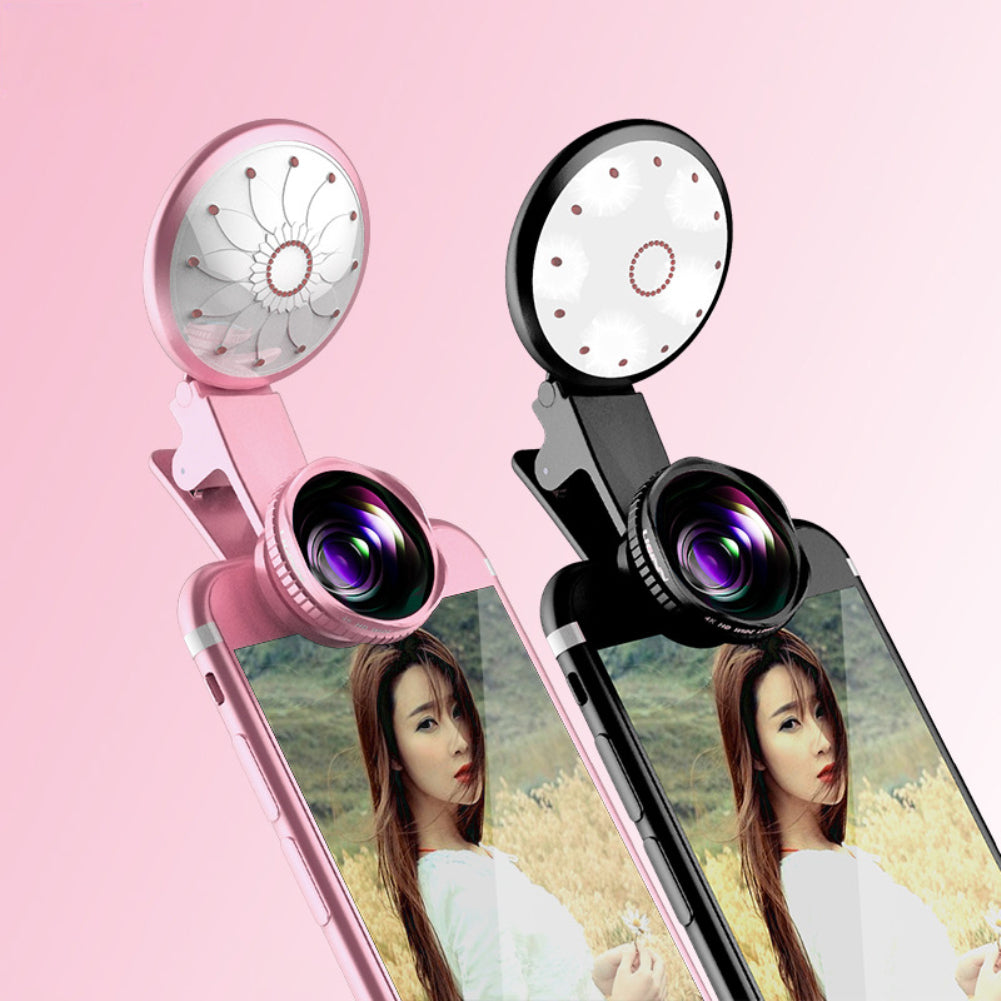 4K Wide Angle Lens 20X Macro Lens Dimmable Selfie Fill Light Clip Kit for Phone