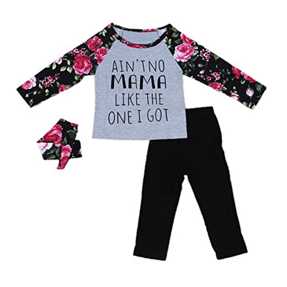 Baby Kids Girls Letters Floral Long Sleeve Autumn Pullover Pants Headband Outfit