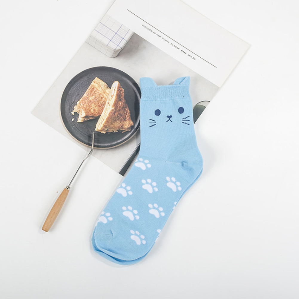 Lovely Candy Color Cartoon Cat Paw Print Women Cotton Soft Warm Short Socks