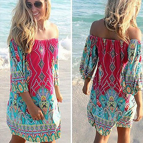 Women's Bohemia Style Sexy Off Shoulder Cashew Flower Summer Beach Mini Dress