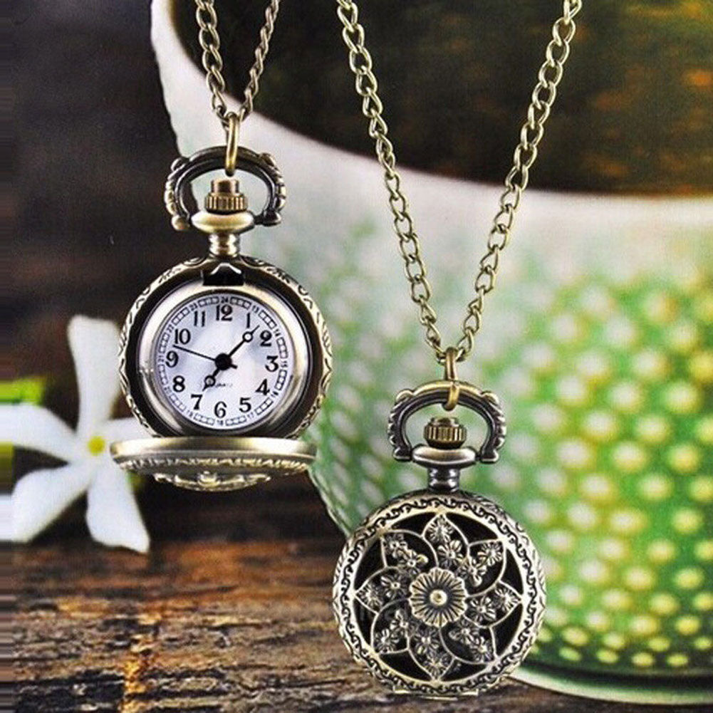 Unisex Vintage Hollow Crown Bronze Quartz Pocket Dress Watch Pendant Necklace