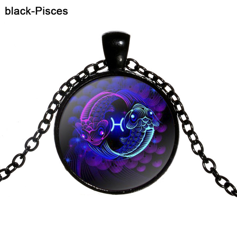 Women Retro Round Twelve Constellations Pendant Sweater Chain Necklace Jewelry