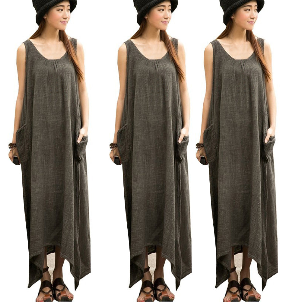 Boho Plus Size Sleeveless Casual Loose Solid Color Irregular Hem Long Maxi Dress