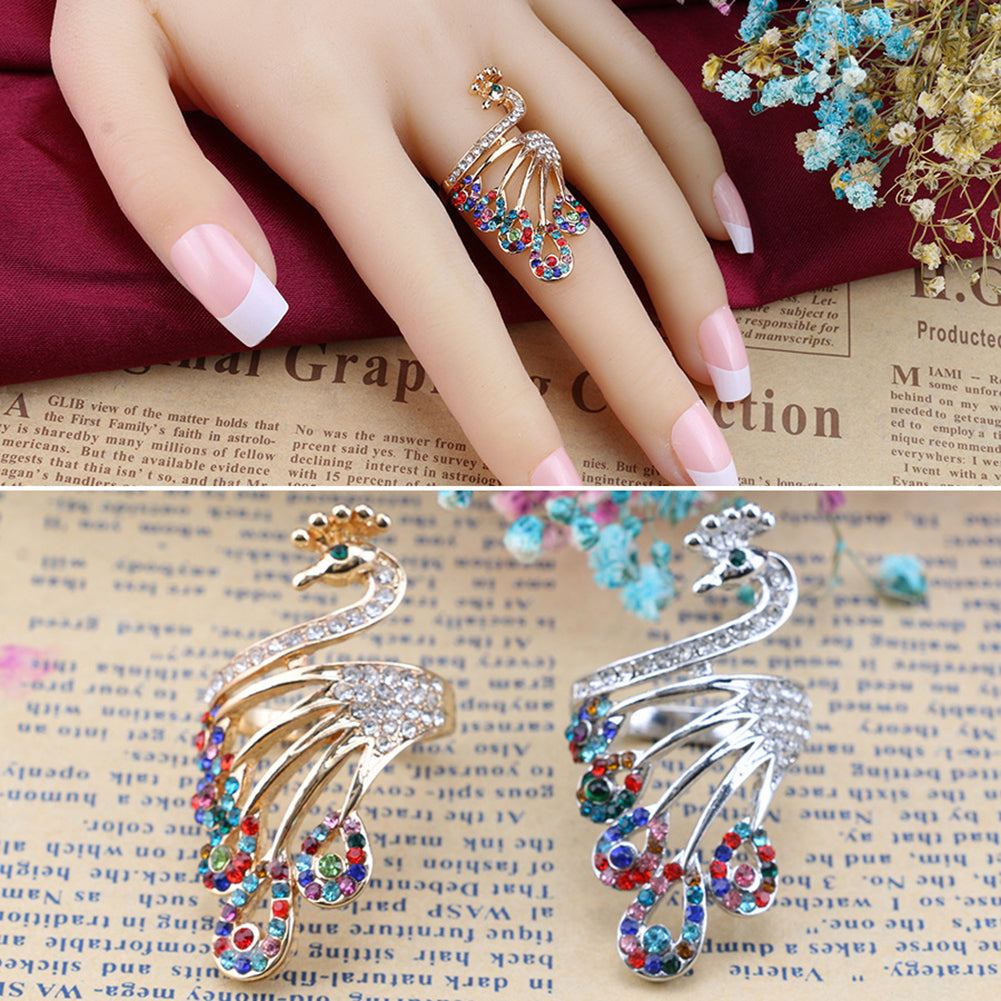 Women Retro Gold-plated Rhinestones Peacock Shape Finger Ring Jewelry Gifts