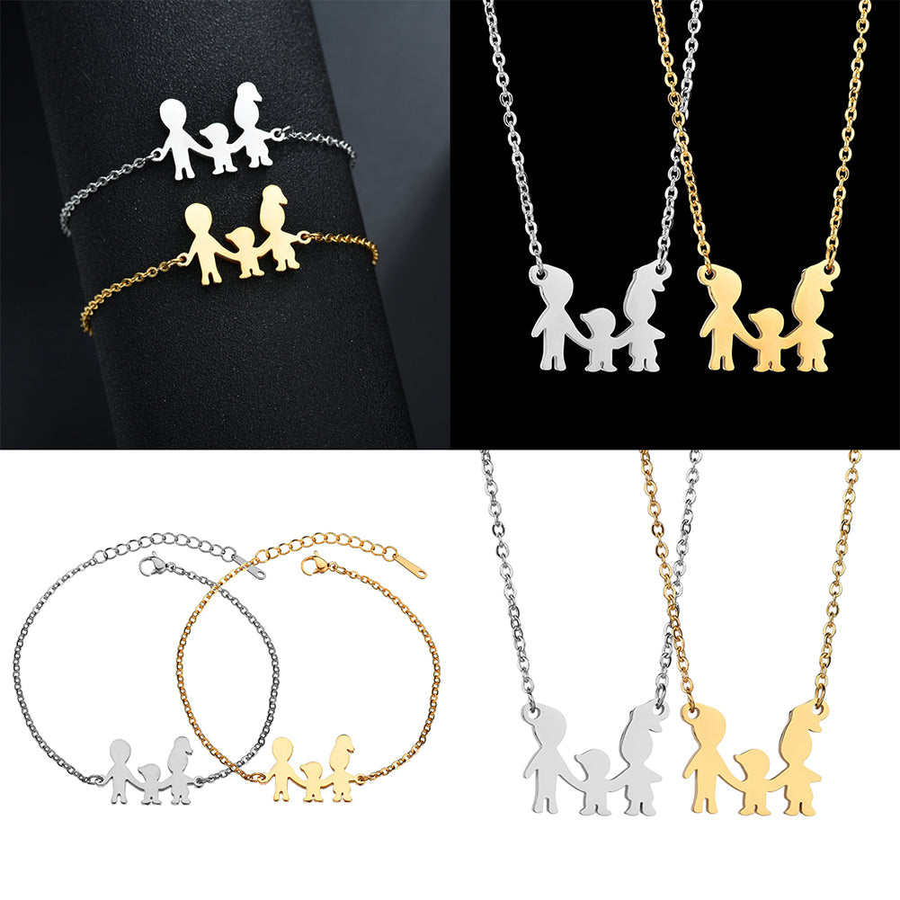 Lovely Family Pendant Stainless Steel Bracelet Necklace Decor Jewelry Set Gift