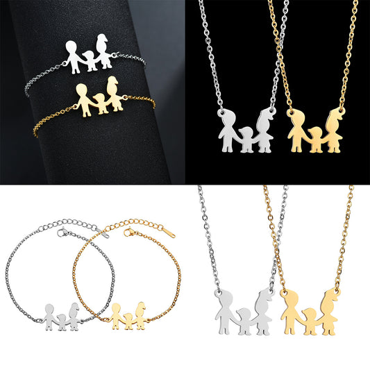 Lovely Family Pendant Stainless Steel Bracelet Necklace Decor Jewelry Set Gift