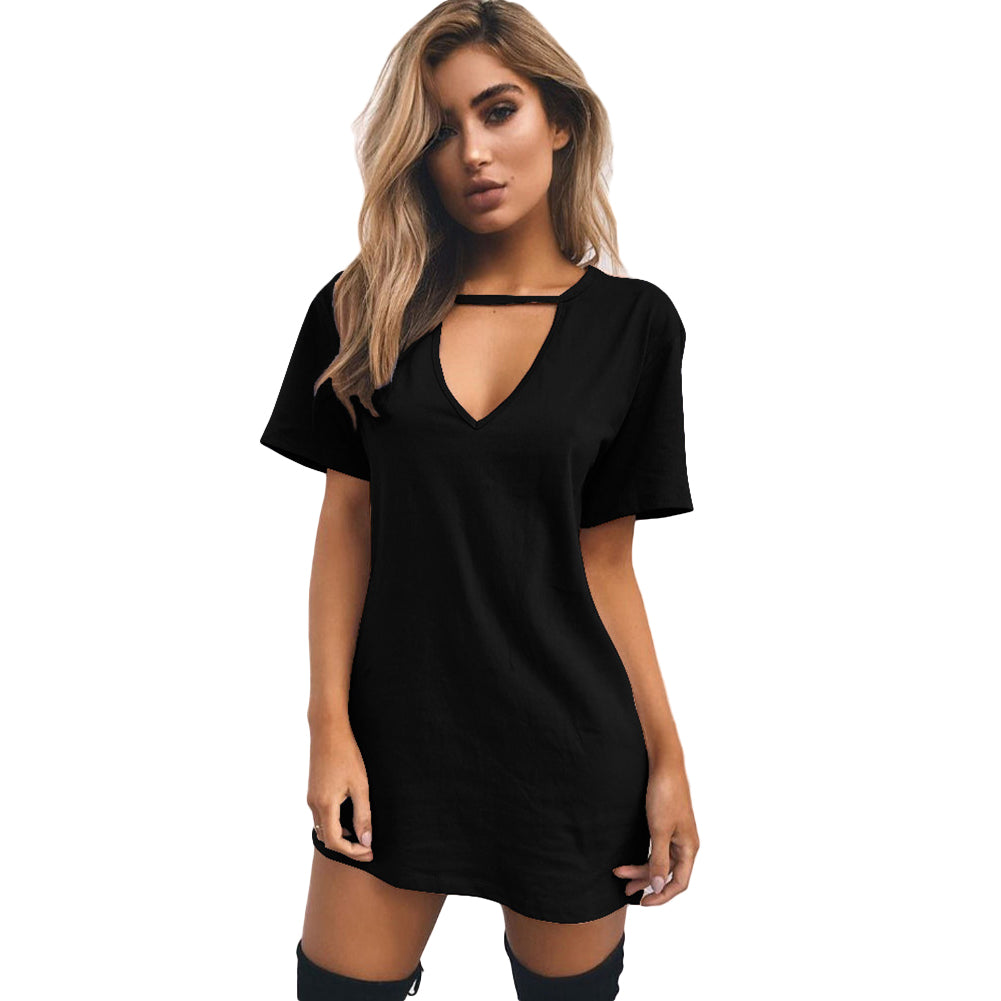 Casual Women Short Sleeve Long T-shirt Tee Dress Solid Color Hollow V-Neck Top