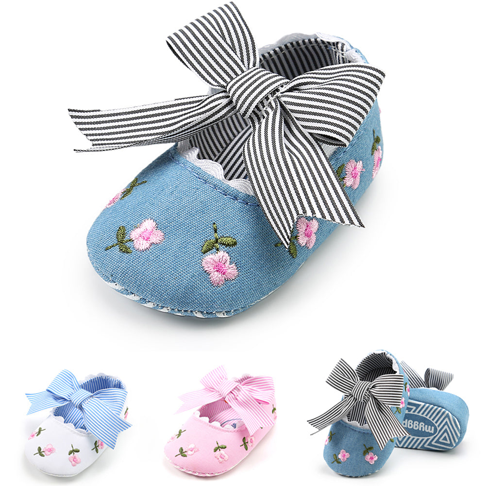 Toddler Baby Girls Cute Flower Embroidered Shoes Bowknot Anti-Slip Prewalkers