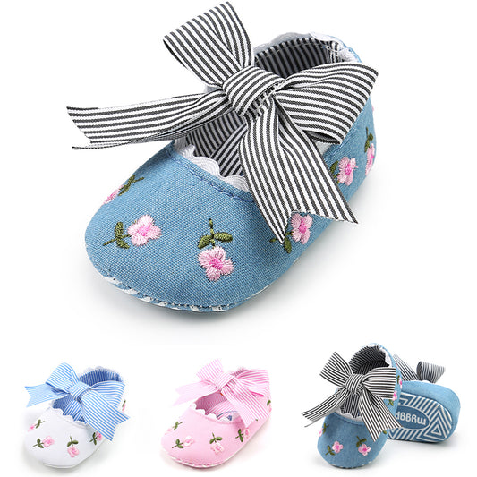 Toddler Baby Girls Cute Flower Embroidered Shoes Bowknot Anti-Slip Prewalkers