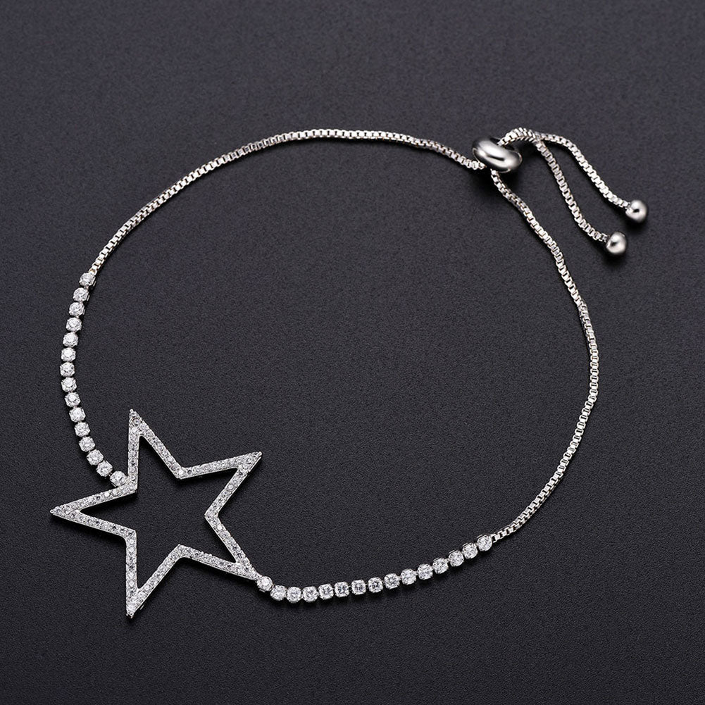 Luxury Zircon Hollow Star Charm Adjustable Pull Slider Bracelet Women Bangle