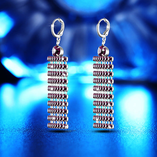 Silver Plated Long Rhinestone Tassels Rectangle Mesh Dangle Women Retro Earrings