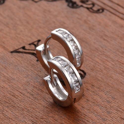 Silver Plated Shiny Rhinestones Inlaid Ear Studs Hoop Huggie Earrings Jewelry