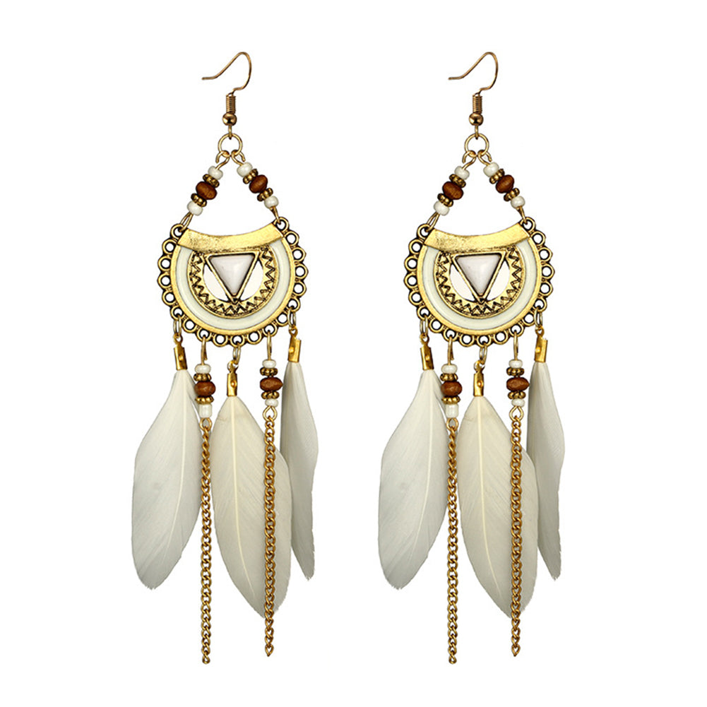 Women Retro Ethnic Hollow Feather Tassel Hook Earring Chain Bead Jewelry Gift