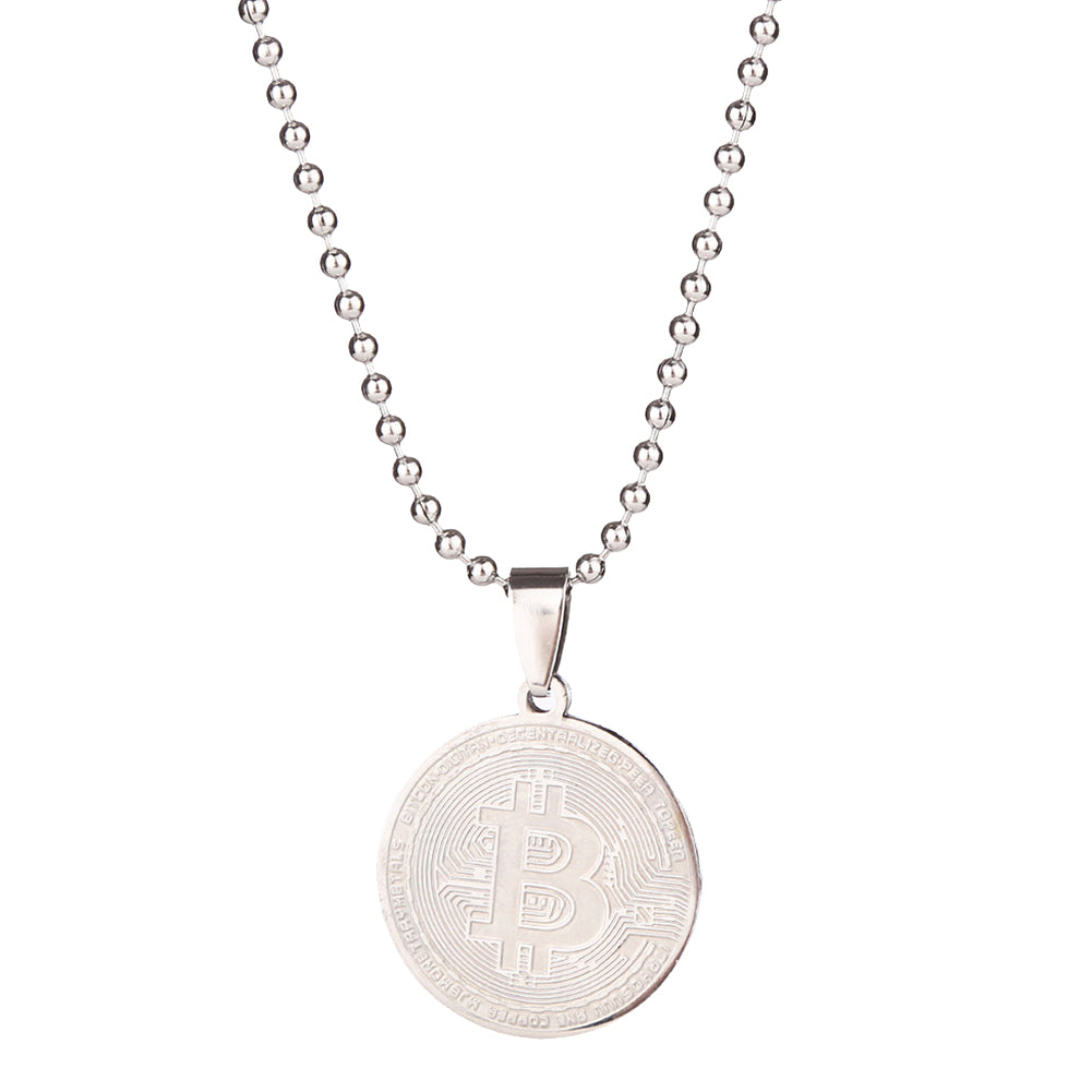 Stainless Steel Commemorative Bitcoin Pendant Bead Chain Unisex Necklace Jewelry