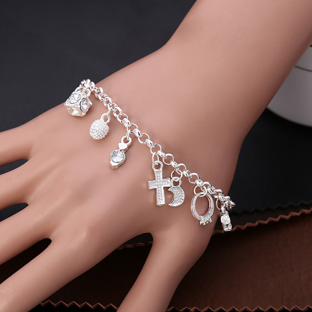 Women Silver Plated Cross Moon Star 13 Charms Pendants Bracelet Bangle Jewelry