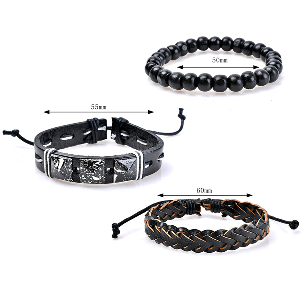 3Pcs Adjustable Faux Leather Braid Bracelets Men's Beads Bangle Bracelet Jewelry