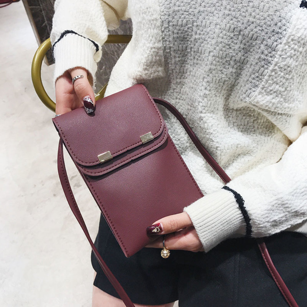 Fashion Women Solid Color Double Layer Faux Leather Rectangle Crossbody Bag