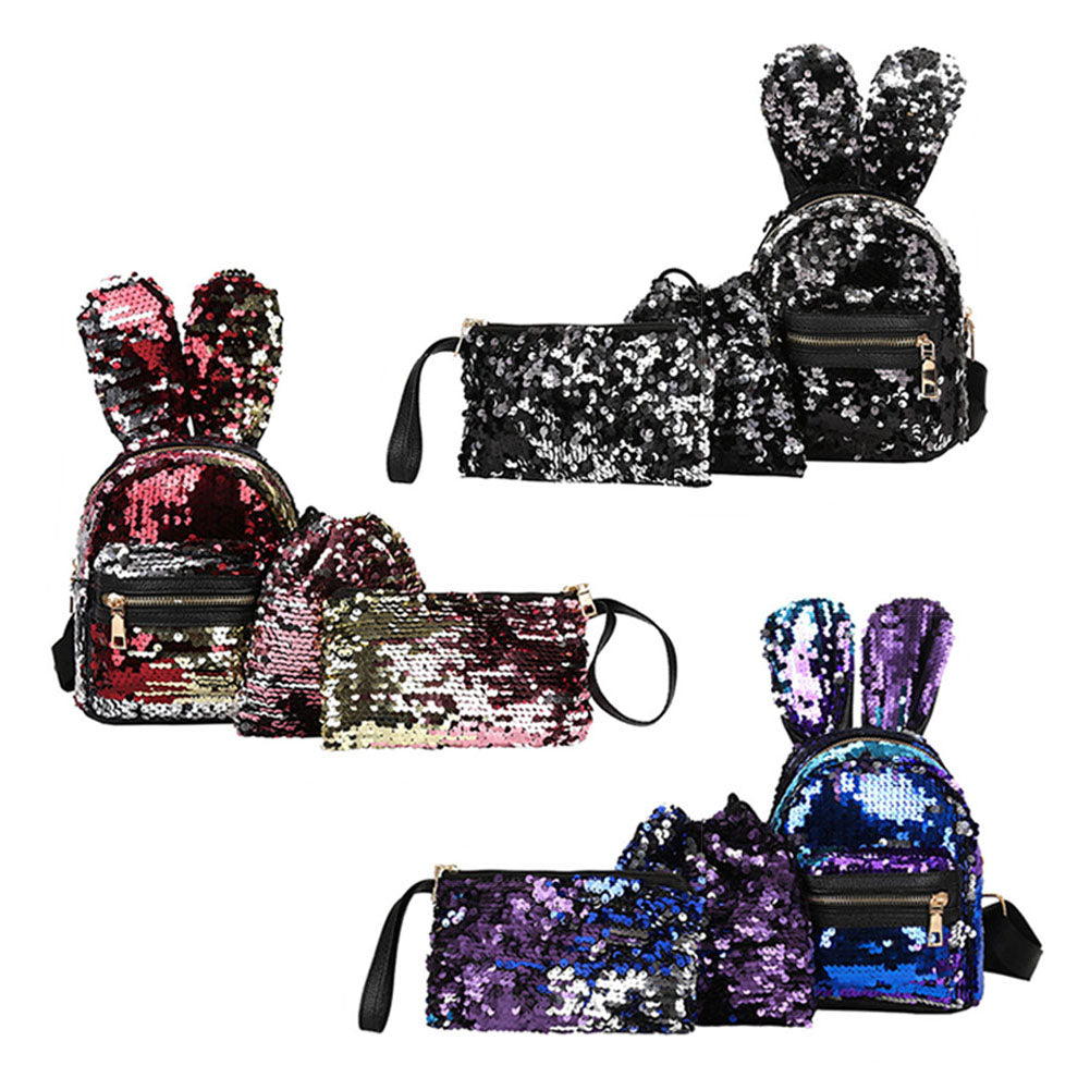 3Pcs Women Sequin Rabbit Ear Fashion Handbag Shoulder Crossbody Bag Pouch