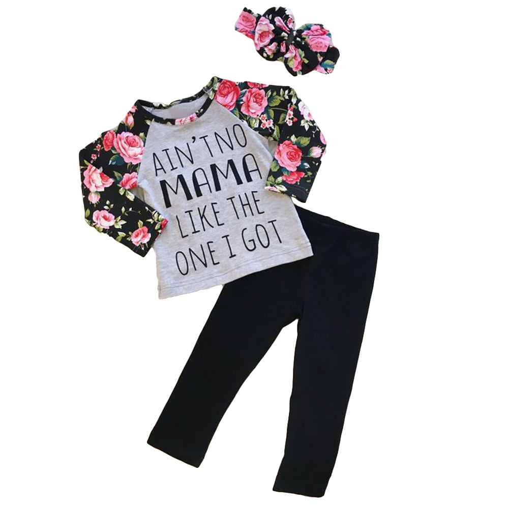 Baby Kids Girls Letters Floral Long Sleeve Autumn Pullover Pants Headband Outfit