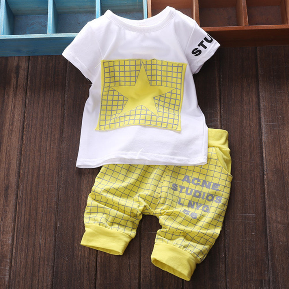 Baby Boy Clothes Set Summer Short Sleeve Star Plaid Print T-Shirt Pants Outfit