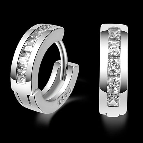 Silver Plated Shiny Rhinestones Inlaid Ear Studs Hoop Huggie Earrings Jewelry