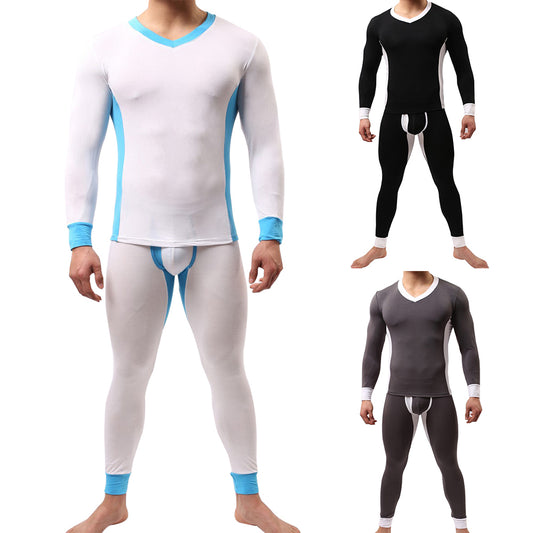 Winter Men Ultra Soft Color Block Thermal Underwear Set Top T-Shirt + Long Pants