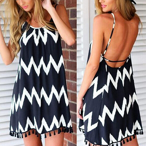 Women's Sexy Tassels Aztec Stripe Backless Strap Dress Beachwear Bikini Cover Up