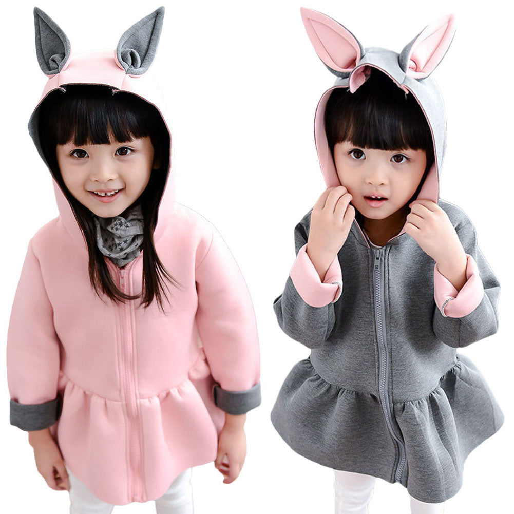 Kid Girls Cute Rabbit Ear Hoodies Coat Casual Long Sleeve Top Zipper Outwear