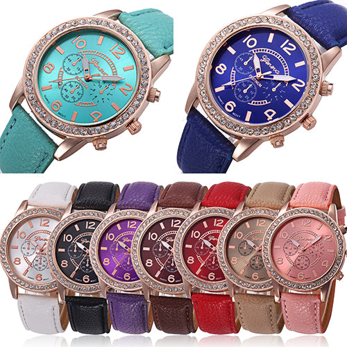 Fashion Women Geneva Rhinestone Big Dial Faux Leather Analog Wrist Watch Gifts