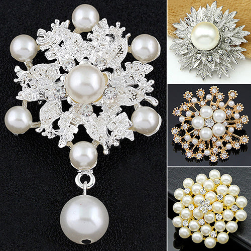 Alloy Flower Faux Pearls Brooch Crystal Pin Brooches Wedding Party Jewelry Gift