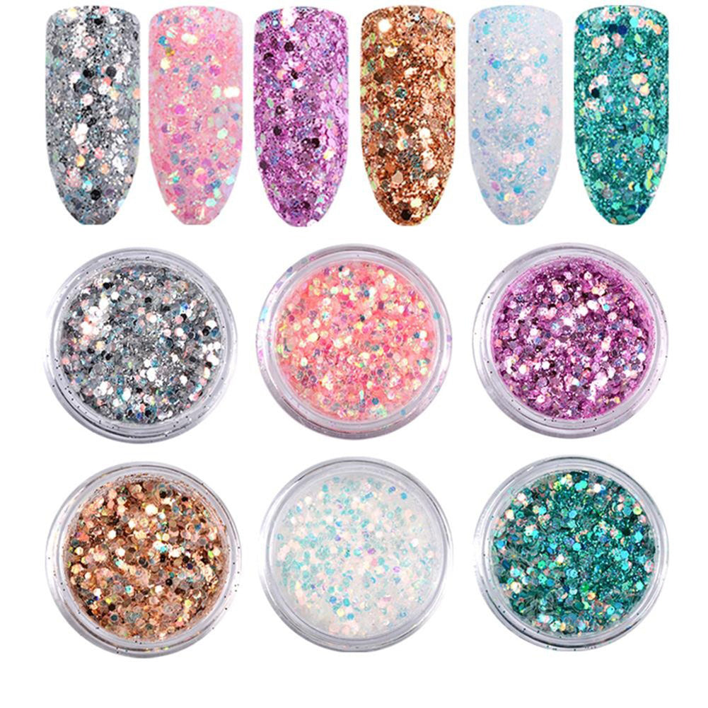6Pcs Colorful Manicure Pigments Paillette Laser Sequins Nail Glitter Powder