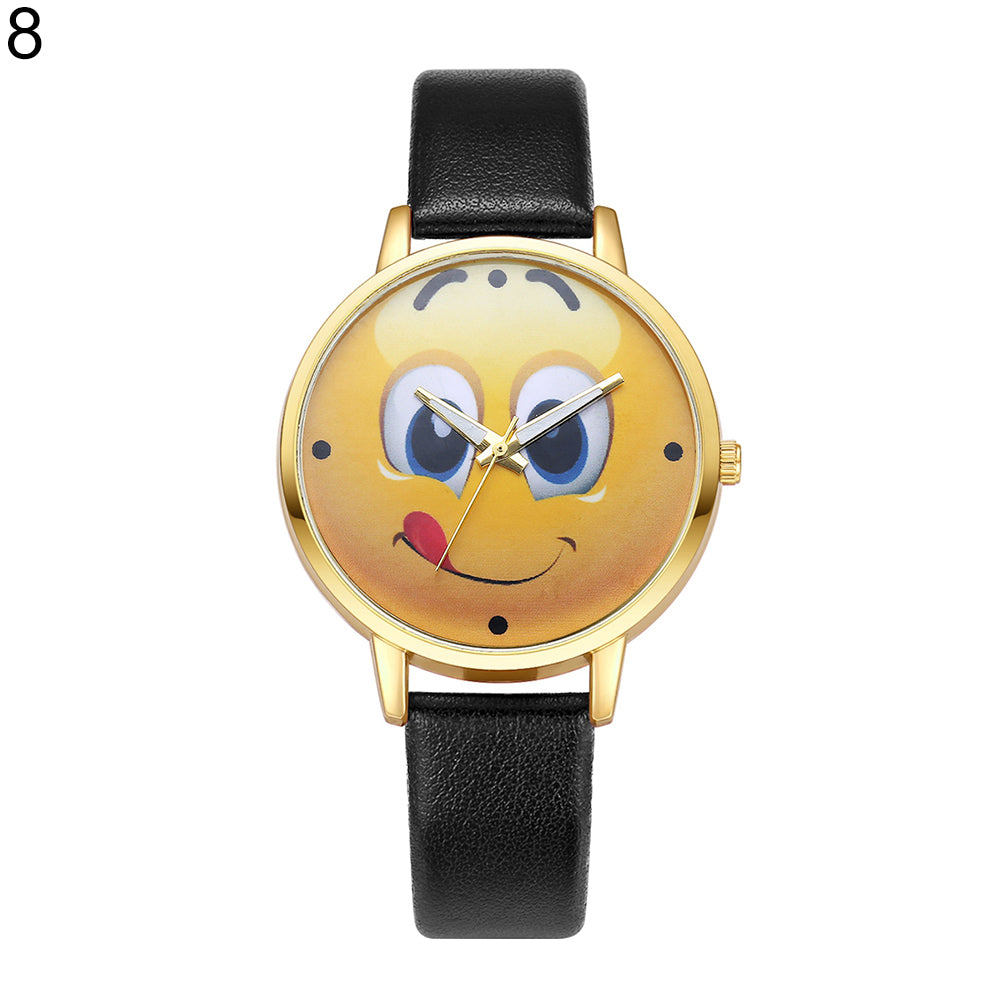 Lady Stylish Lovely Greedy Face Emoji Faux Leather Band Analog Wrist Watch