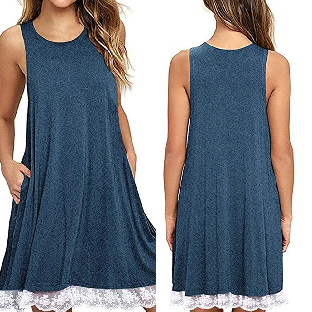 Women's Sleeveless Casual Loose Lace Stitching Trim Summer Fashion Dress Gift