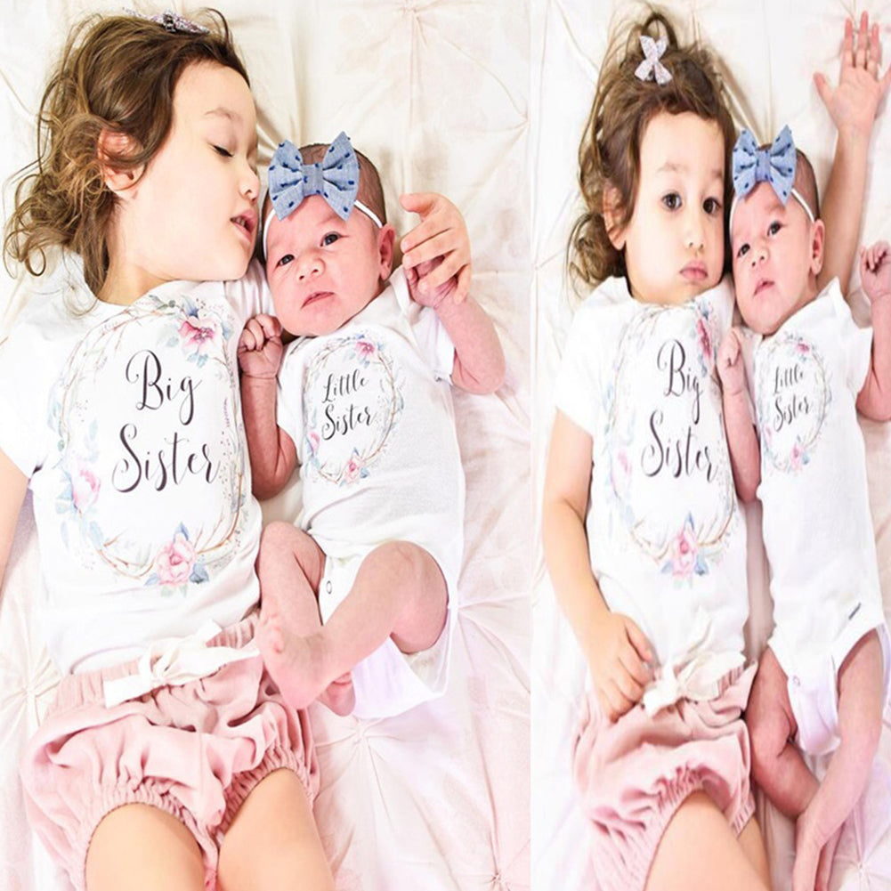 Girl Baby Cotton Clothes Little Big Sister Floral Print T-shirt Jumpsuit Romper