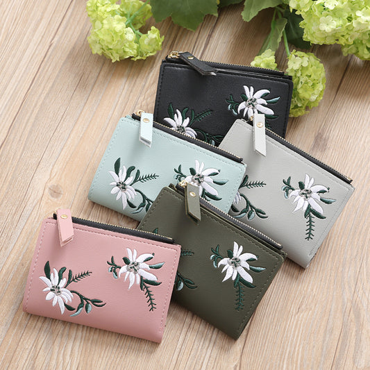 Embroidery Flower Faux Leather Women Girl Coin Purse Card Holder Short Wallet