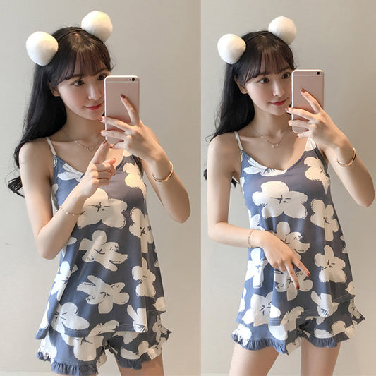Fashion Lovely Flower Floral Sleeveless Top Shorts Women Sleepwear Pajamas Set