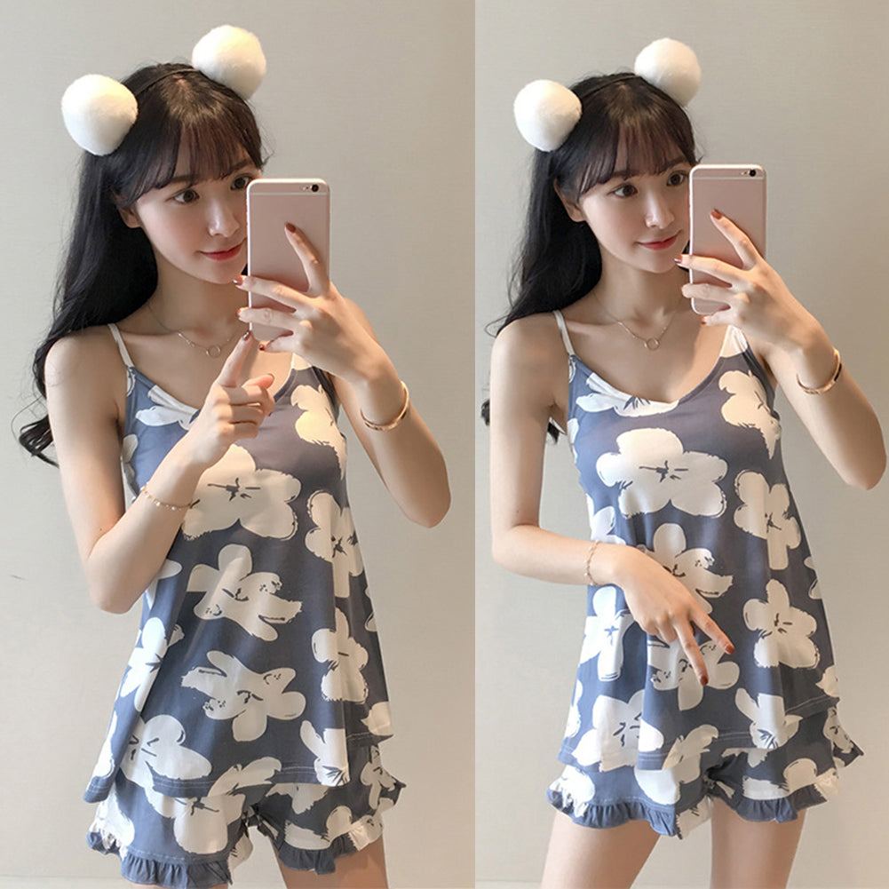 Fashion Lovely Flower Floral Sleeveless Top Shorts Women Sleepwear Pajamas Set