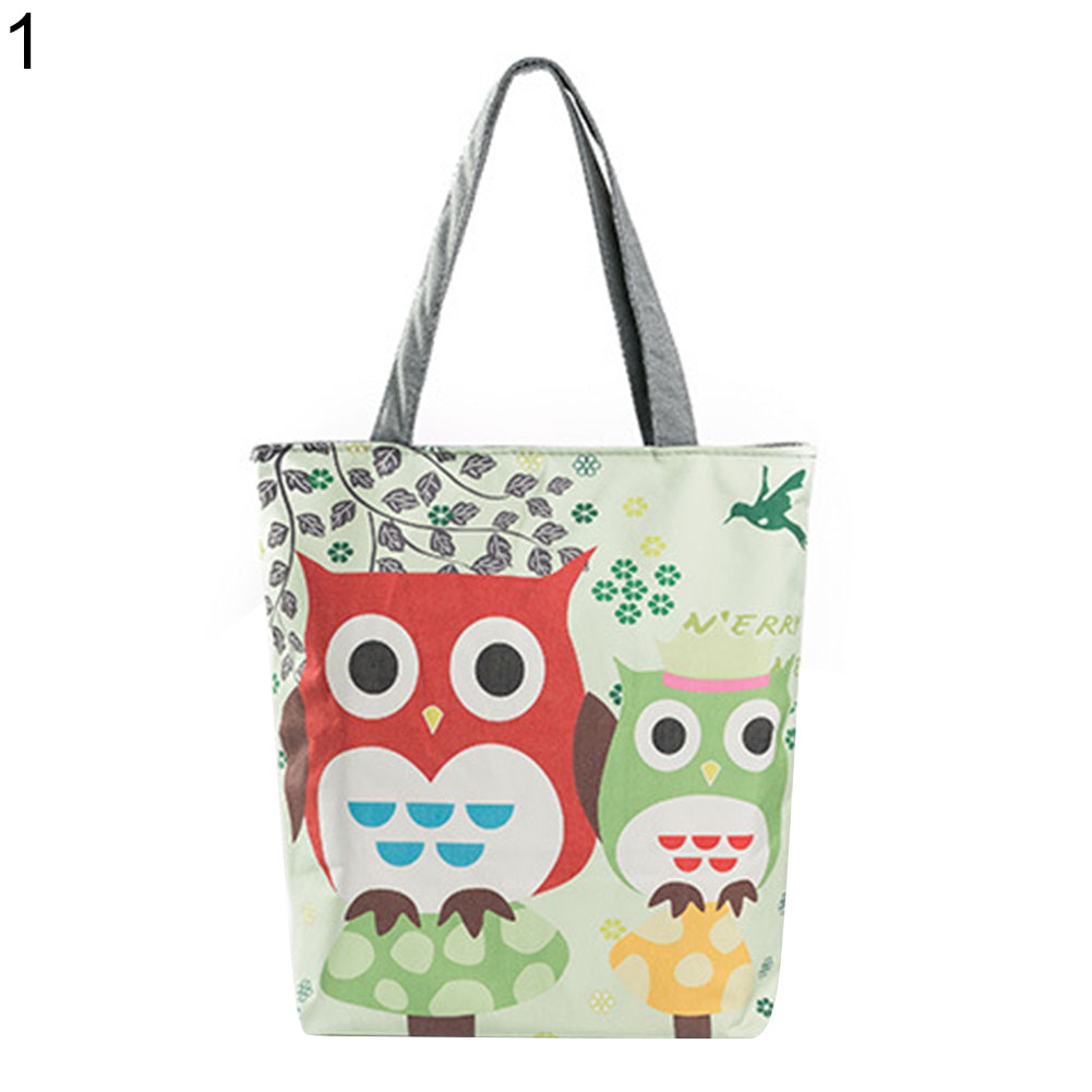 Cute Owl Floral Printed Canvas Tote Bag Women Casual Large Capacity Handbags
