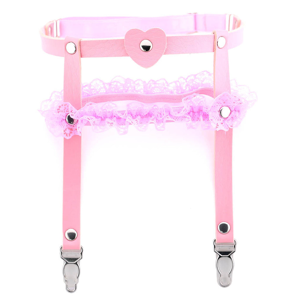Punk Sexy Love Heart Faux Leather Foot Leg Clips Lace Hem Off Socks Garter