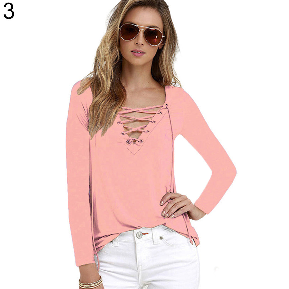 Women Sexy Plain Deep V Neck Cross Eyelet Lace Up Long Sleeve Blouse Top Shirt