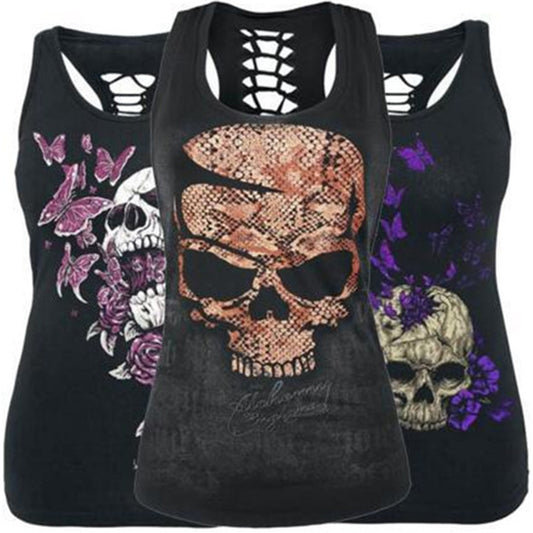 Women Summer Fashion Skull Print Sleeveless Slim Fit Hollow Out Tank Top Vest