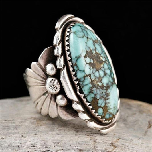 Antique Women Men Oval Turquoise Carved Finger Ring Cosplay Party Jewelry Gift