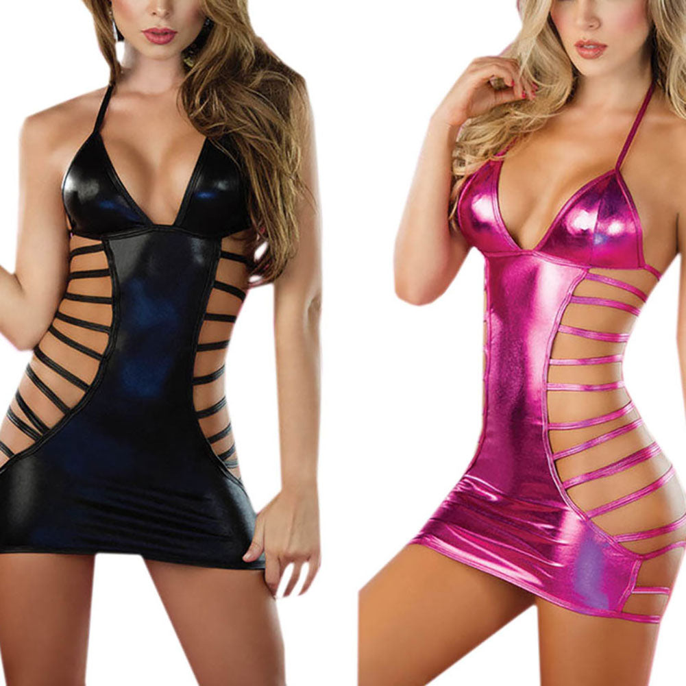 Hollow Out Bandage Patent Leather Babydoll Dress Sexy Women Underwear Sleepwear