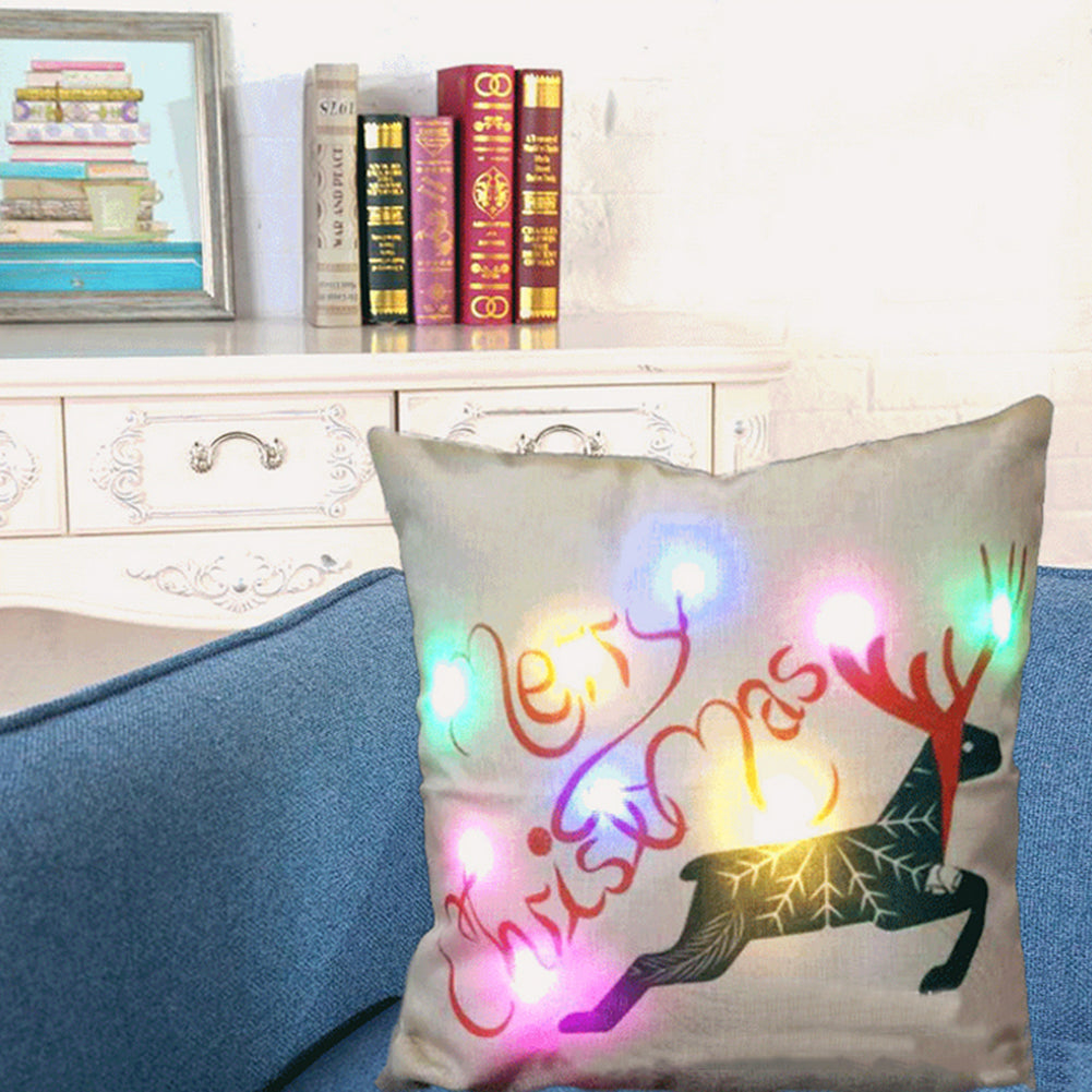 Deer Christmas Pillow Case LED Lighting Linen Cushion Cover Sofa Home Decor