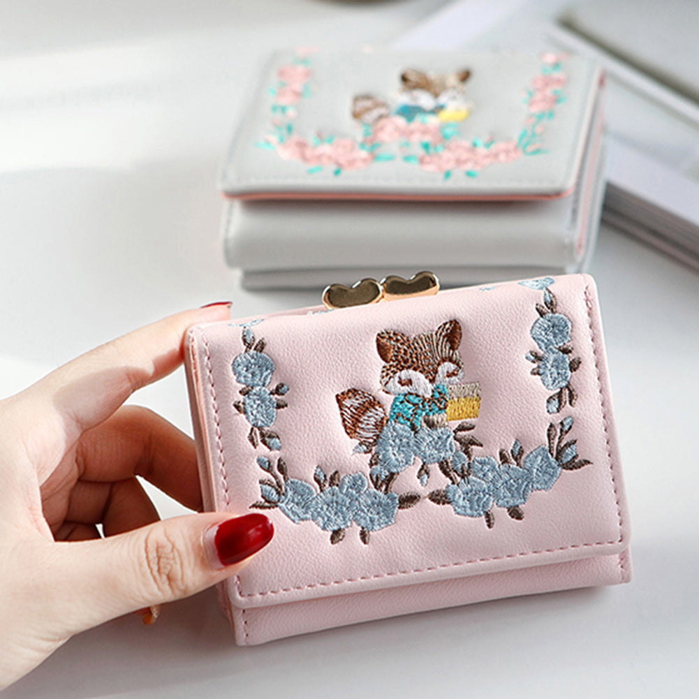Lovely Faux Leather Little Fox Floral Embroidery Short Wallet Women Purse Gift